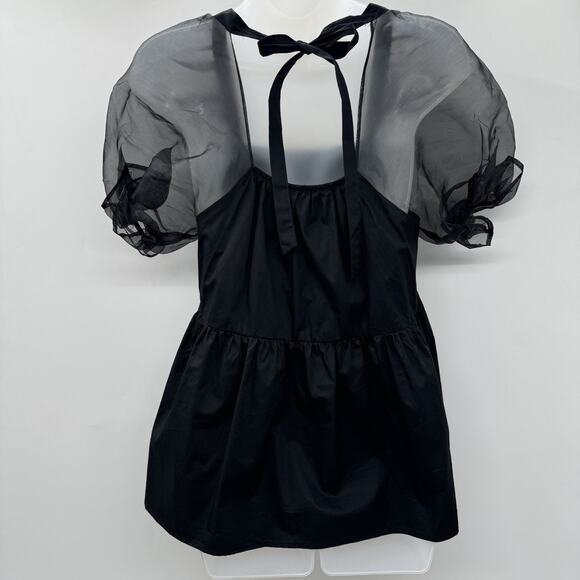 Pomander Place by Tuckernuck Tinsley Top Sz S Black Sheer Puff Sleeves Cocktail - Picture 2 of 10